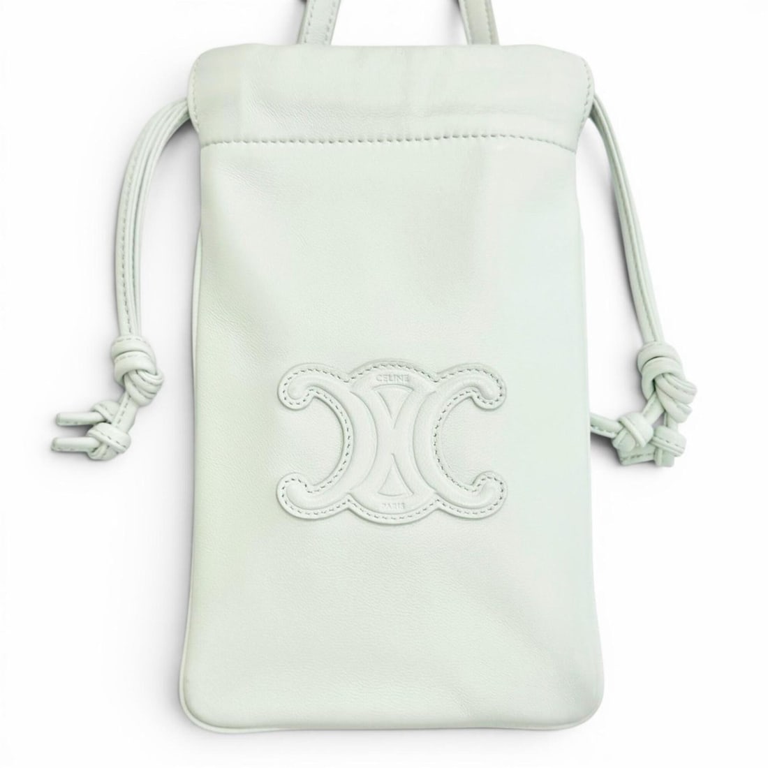 CELINE 10L163ETK Leather Cuir Triomphe Drawstring Mobile Pouch Phone Case Shoulder Bag, Light Green, (1 of 20)