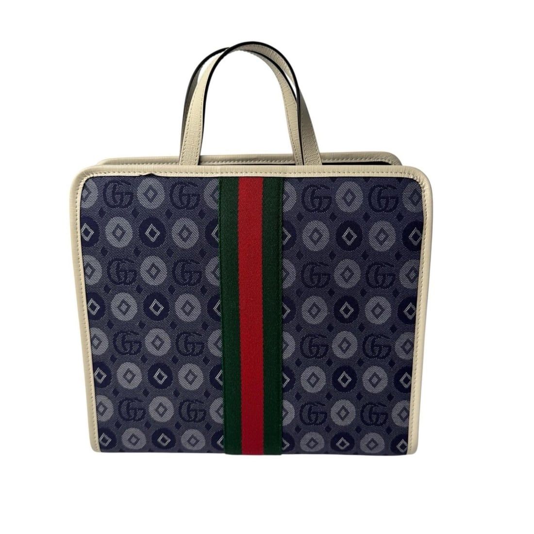 Gucci Double G Denim Canvas Tote Bag 605614 (Women's): --- Catalog ---Category: SizeSize (HxWxD): 26cm x 28cm x 8.5cm / 10.23'' x 11.02'' x 3.34''Category: DesignType: Handbag, Tote bagColor: Blue, Green, Ivory, Red colorGender: WomenMaterial: Canvas Cate