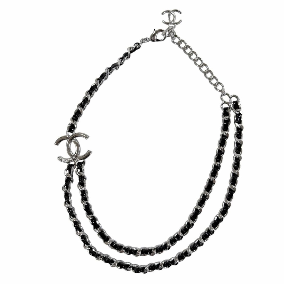 CHANEL B25P Coco Mark Leather Chain Necklace Choker Accessory, Silver & Black, Made in Italy, (1 of 20)