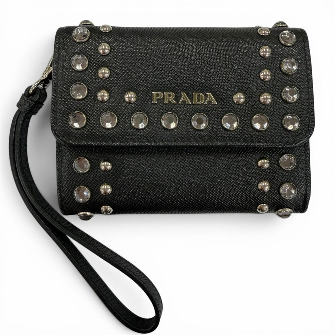 Prada leather pass case/card case with strap, logo, jewels, and studs, black, made in Italy,: --- Catalog ---Category: DesignType: Card caseColor: BlackGender: WomenMaterial: Leather Category: GeneralBrand: PradaCountry of Origin: ItalyCategory: Physical PropertiesSize (HxWxD): 9cm x 11.5cm / 