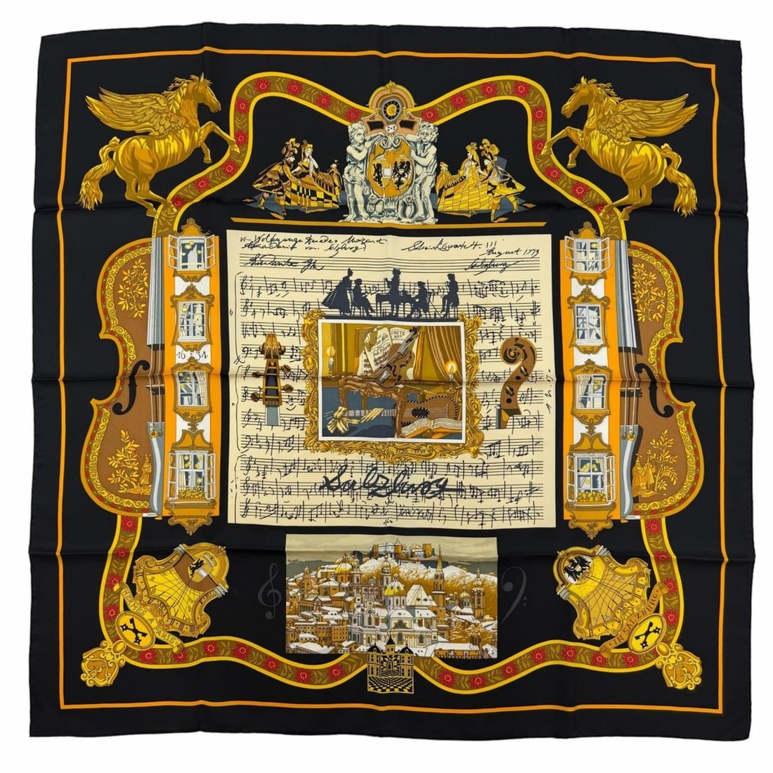 HERMES Carre 90 IN SALZBURG (Salzburg) 100% Silk Scarf/Muffler, Black, Made in France, Women's, with: --- Catalog ---Category: SizeSize (LxW): 89cm x 89cm / 35.03'' x 35.03''Category: DesignType: ScarfColor: BlackGender: WomenMaterial: Silk Category: GeneralBrand: HermesCountry of Origin: France--- It