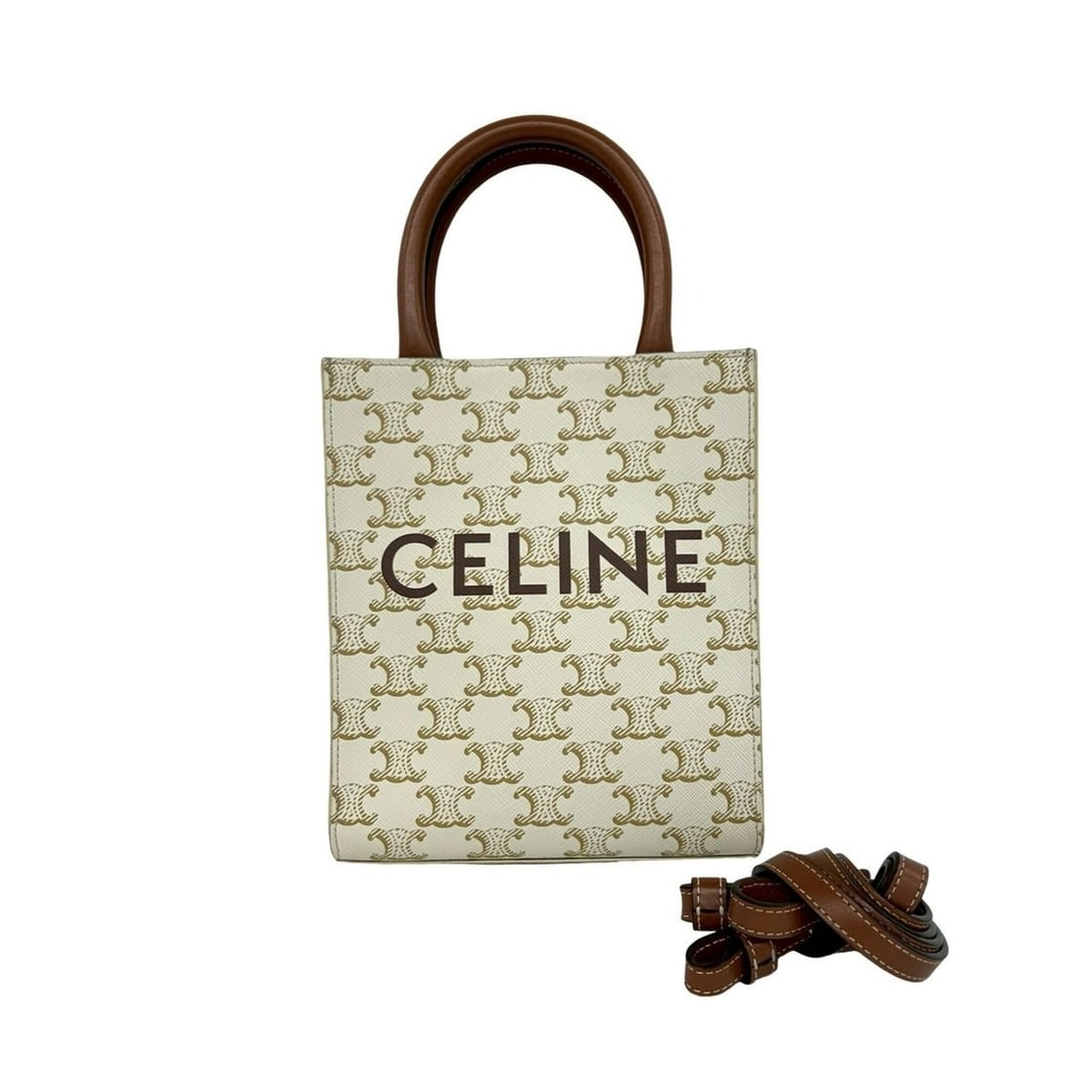 CELINE Mini Vertical Cabas Leather 2-way Handbag Shoulder Bag Tote White Brown 11348: --- Catalog ---Category: SizeSize (HxWxD): 20cm x 16.5cm x 5.5cm / 7.87'' x 6.49'' x 2.16''Category: DesignType: Handbag, Shoulder bag, Tote bagColor: Brown, WhiteGender: WomenMaterial: PVC , Leather 