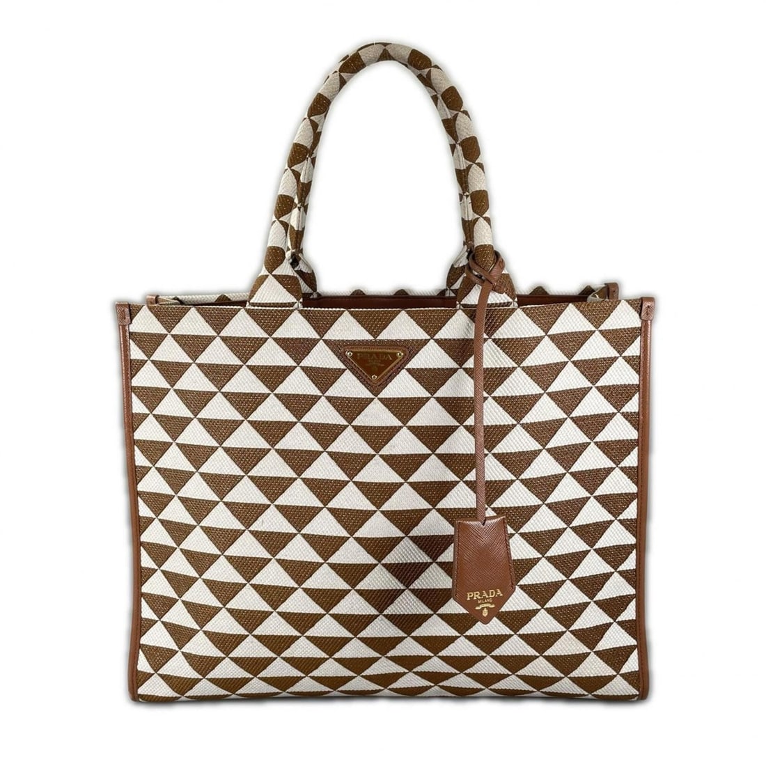 PRADA Prada Symbol Embroidered Fabric Tote Bag, Brown, Women's: --- Catalog ---Category: SizeSize (HxWxD): 30cm x 39cm x 10cm / 11.81'' x 15.35'' x 3.93''Category: DesignType: Tote bagColor: Brown, WhiteGender: WomenMaterial: Fabric Hardware Color: GoldCategory: G