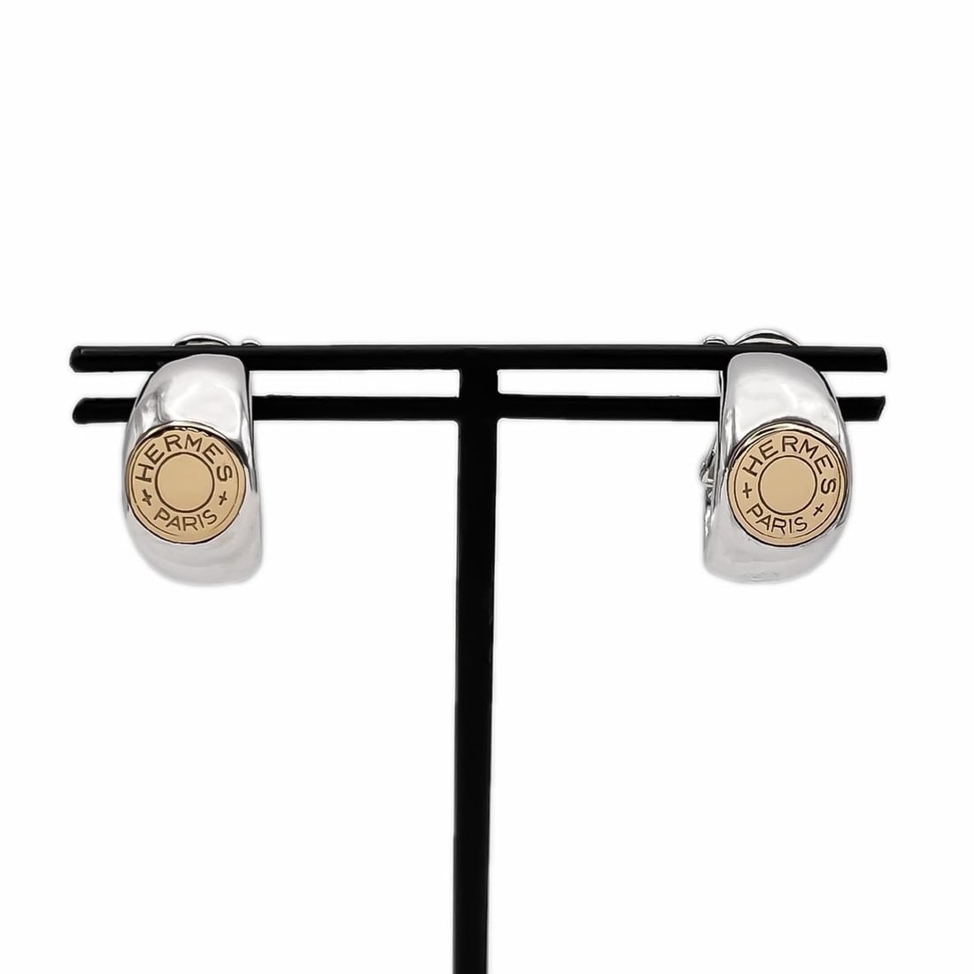 HERMES Clou de Selle Earrings, Sellier Combination, SV925 & K18 Silver, Women's: --- Catalog ---Category: SizeSize (HxWxD): 18.00mm x 11.00mm / 0.71'' x 0.43''Category: DesignType: Clip earringsColor: Gold, SilverGender: WomenMaterial: Silver 925, Yellow gold (18K)Category: Genera