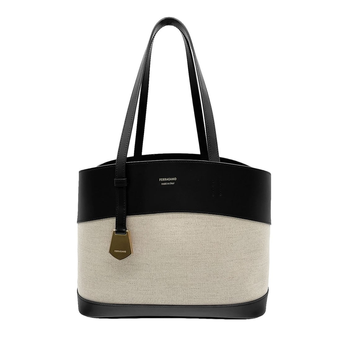 Salvatore Ferragamo Charming Tote 24SS Bag with Pouch, Leather & Linen, Black, Women's: --- Catalog ---Category: SizeSize (HxWxD): 25cm x 30cm x 12cm / 9.84'' x 11.81'' x 4.72''Category: DesignType: Tote bagColor: Beige, BlackGender: WomenMaterial: Leather , Linen Category: GeneralBrand: