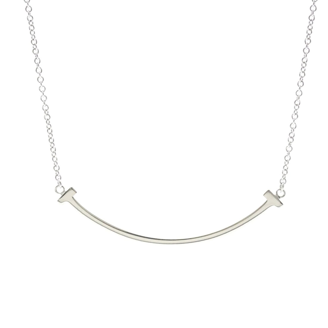 TIFFANY Tiffany T Smile Small Size Necklace White Gold (18K) No Stone Polished: --- Catalog ---Category: SizeWeight: 3g / 0.1oz.Neck Circumference: 40.5 cm - 45.5 cm / 15.94'' - 17.91''Category: DesignColor: SilverMetal: White GoldStone: No StoneStyle: FashionGender: Men,WomenMat