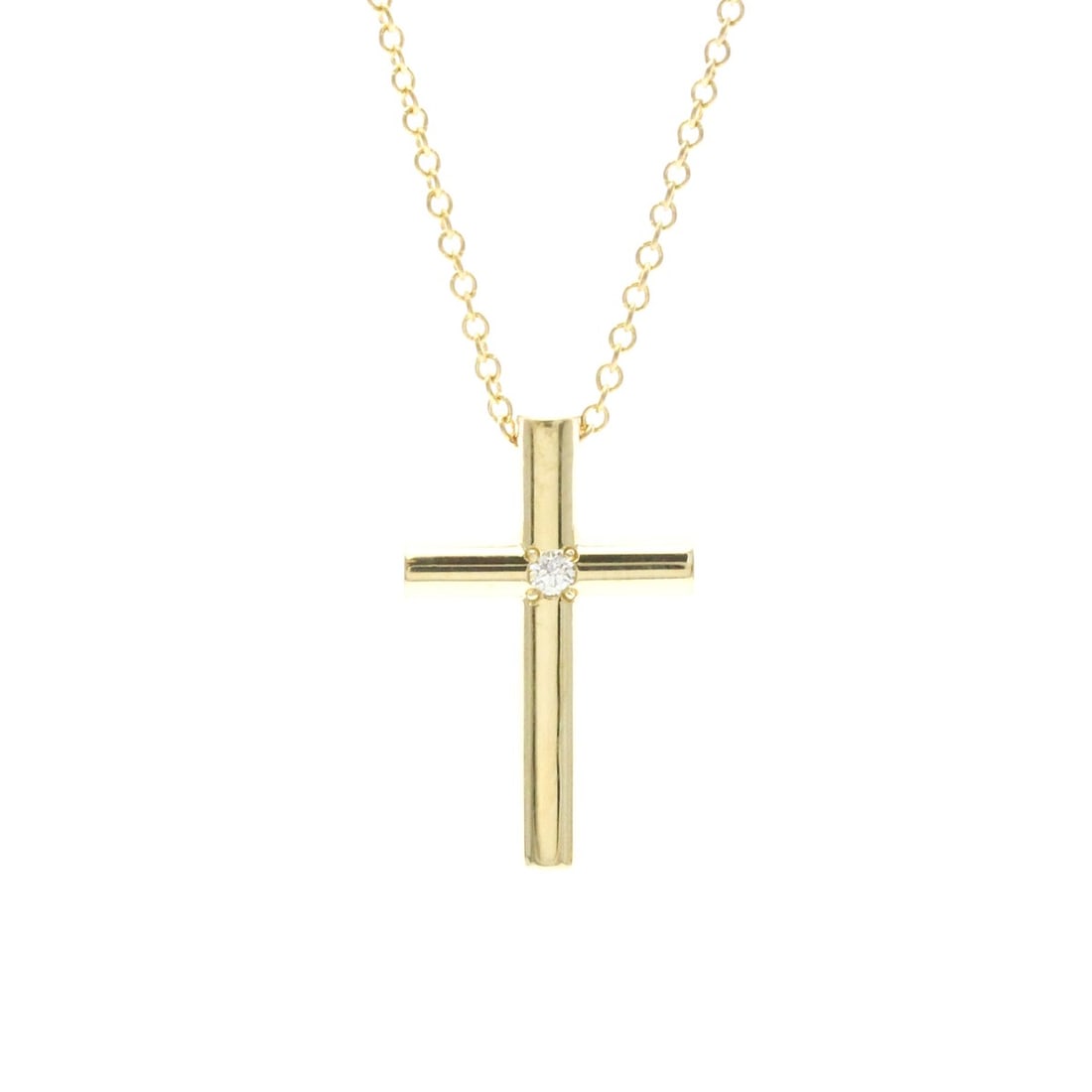 TIFFANY Cross Necklace With 1PD Diamond Yellow Gold (18K) Diamond Polished: --- Catalog ---Category: SizeWeight: 3.5g / 0.12oz.Pendant Size: 17.7mm x 11.3mm / 0.69'' x 0.44''Neck Circumference: 39 cm / 15.35''Category: DesignColor: GoldMetal: GoldStone: DiamondStyle: FashionG