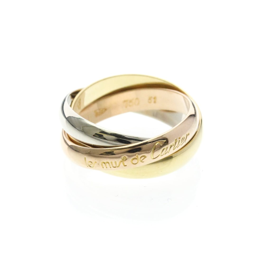 CARTIER Trinity Ring Yellow Gold (18K),Pink Gold (18K),White Gold (18K) Polished: --- Catalog ---Category: SizeWidth: 3.5mm / 0.14''Weight: 7.7g / 0.27oz.JP Size: 11US Size: 5 3/4Brand Size: 51Category: DesignType: Band ringColor: GoldMetal: Gold, White GoldStone: No StoneStyle: Fa
