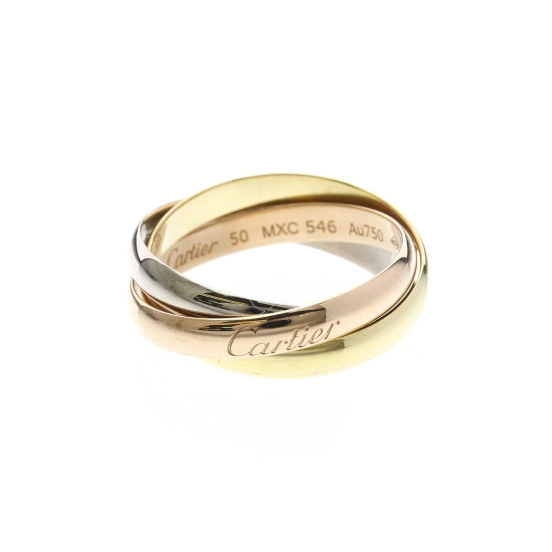 CARTIER Trinity Ring Yellow Gold (18K),Pink Gold (18K),White Gold (18K) Polished: --- Catalog ---Category: SizeWidth: 3mm / 0.12''Weight: 4.8g / 0.16oz.JP Size: 10US Size: 5 1/4Brand Size: 50Category: DesignType: Band ringColor: GoldMetal: Gold, White GoldStone: No StoneStyle: Fash