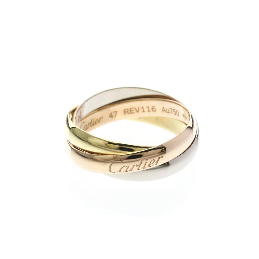 CARTIER Trinity Ring Yellow Gold (18K),Pink Gold (18K),White Gold (18K) Polished: --- Catalog ---Category: SizeWidth: 7.9mm / 0.31''Weight: 4.2g / 0.14oz.JP Size: 7US Size: 4Brand Size: 47Category: DesignType: Band ringColor: GoldMetal: Gold, White GoldStone: No StoneStyle: Fashion
