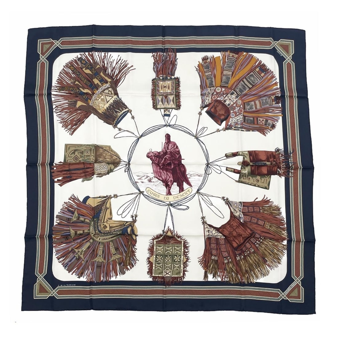HERMES Carre 90 CUIRS DU DESERT (Desert Leather Trim) Silk Scarf/Shawl, Navy, Men's/Women's (1 of 15)