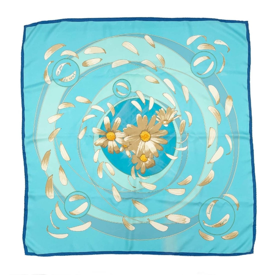 HERMES Carre 90 "Au gre du vent" (Let it go in the wind) floral pattern silk scarf/muffler blue.: --- Catalog ---Category: SizeSize (LxW): 85cm x 85cm / 33.46'' x 33.46''Category: DesignType: ScarfColor: BlueGender: Men,WomenMaterial: Silk Category: GeneralBrand: Hermes--- Item List ---Section: Co