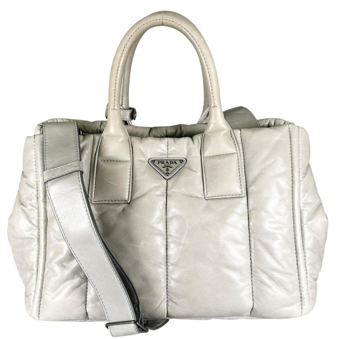 PRADA Nappa Bomber Handbag, Leather, Gray, Women's, 2-way: --- Catalog ---Category: SizeSize (HxWxD): 22cm x 34cm x 20.5cm / 8.66'' x 13.38'' x 8.07''Category: DesignType: HandbagColor: GrayGender: WomenMaterial: Leather Hardware Color: SilverCategory: Genera