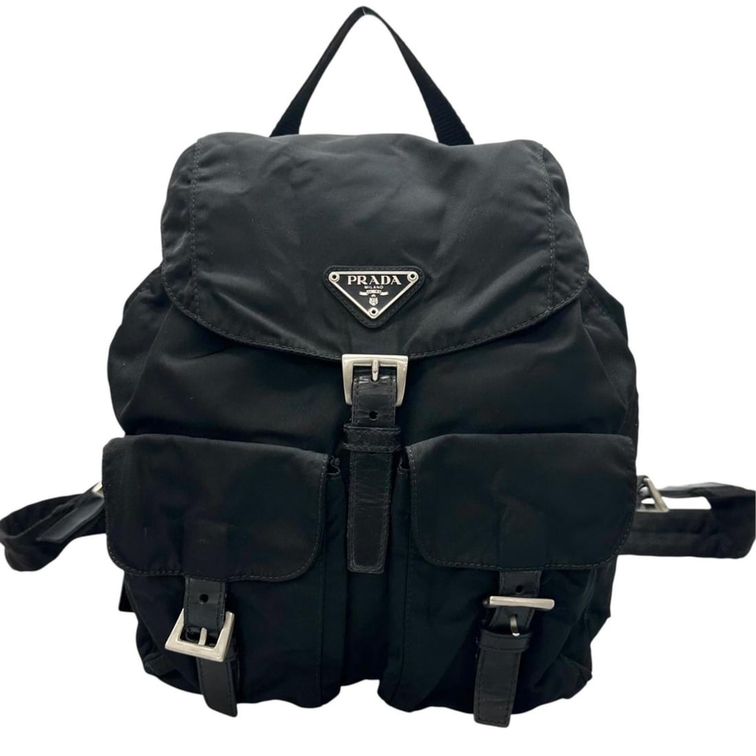 PRADA Triangle Logo Backpack/Daypack, Nylon, Black, Women's: --- Catalog ---Category: SizeSize (HxWxD): 22cm x 23cm x 12cm / 8.66'' x 9.05'' x 4.72''Category: DesignType: BackpackColor: BlackGender: WomenMaterial: Nylon Category: GeneralBrand: PradaCountry of O