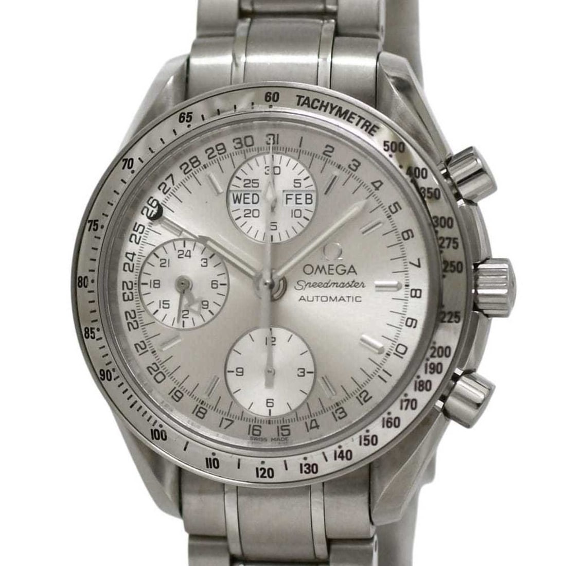 Omega Speedmaster Triple Calendar Watch, Cream White Silver, 3523.30, Chronograph, Automatic: --- Catalog ---Category: SizeWrist Size: 23cm / 9.05''Case Diameter: 41.2mm / 1.62''Category: DesignType: WristwatchGender: MenColor (Dial): WhiteMaterial (Band): Stainless steelMaterial (Case):