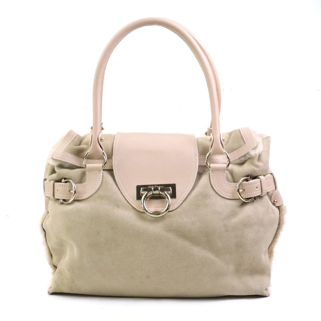 Salvatore Ferragamo shoulder bag, Gancini design, sheepskin fur, beige, pink gold, women's, e61921a (1 of 17)