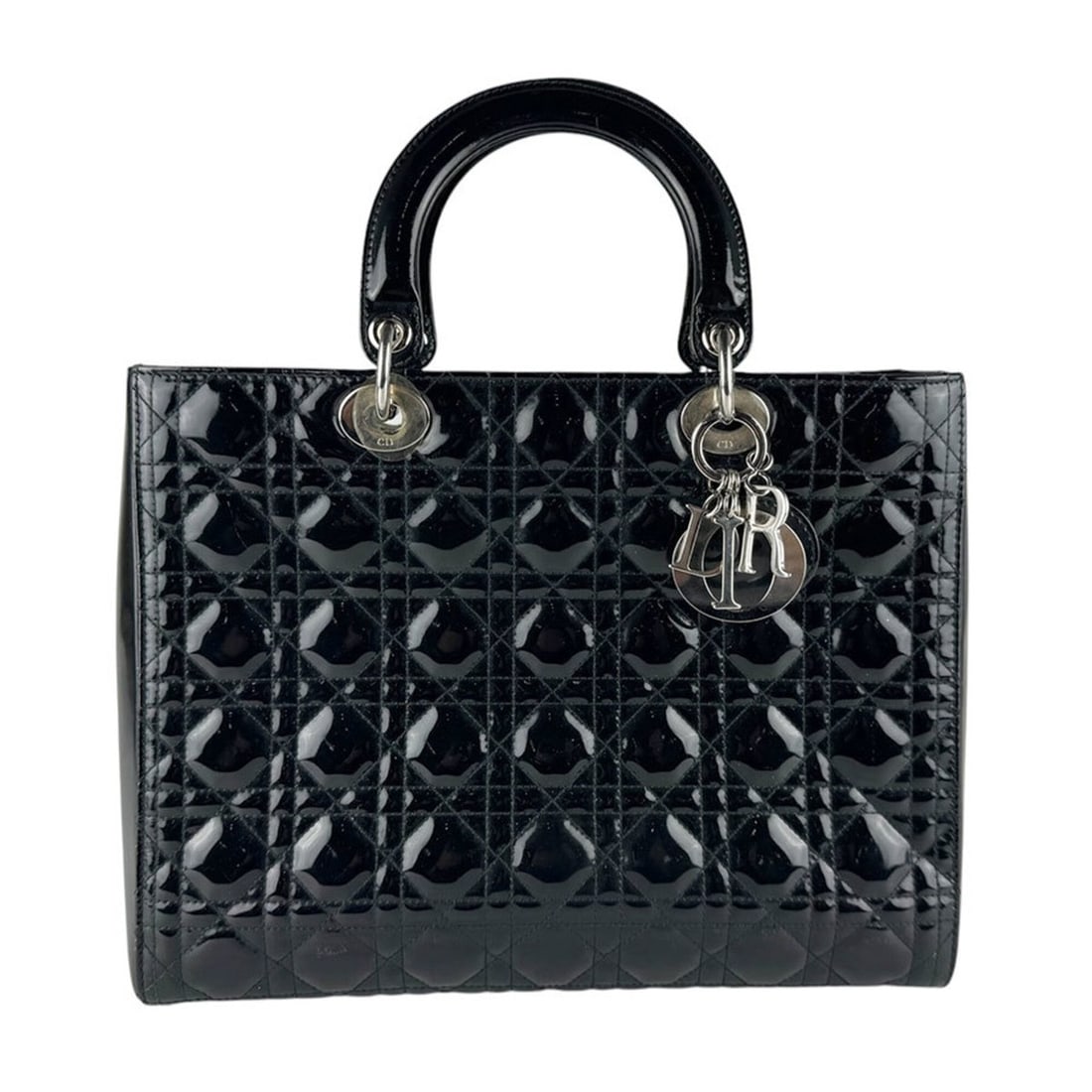 Christian Dior Lady handbag, patent leather, black and silver, women's, z9833: --- Catalog ---Category: SizeSize (HxWxD): 25cm x 32cm x 11cm / 9.84'' x 12.59'' x 4.33''Category: DesignType: HandbagColor: BlackGender: WomenMaterial: Patent leather Category: GeneralBrand: Christia