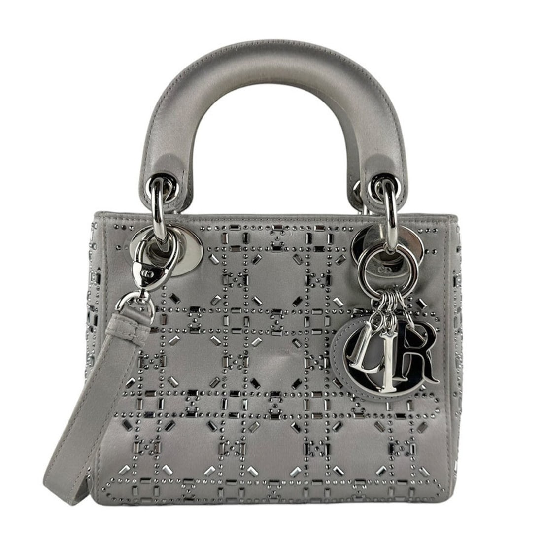 Christian Dior Lady Mini Satin Shoulder Bag with Rhinestones, Gray/Silver, Women's (z9812): --- Catalog ---Category: SizeSize (HxWxD): 14cm x 17cm x 7cm / 5.51'' x 6.69'' x 2.75''Category: DesignType: Handbag, Shoulder bagColor: GrayGender: WomenMaterial: Satin , Rhinestone Category: General