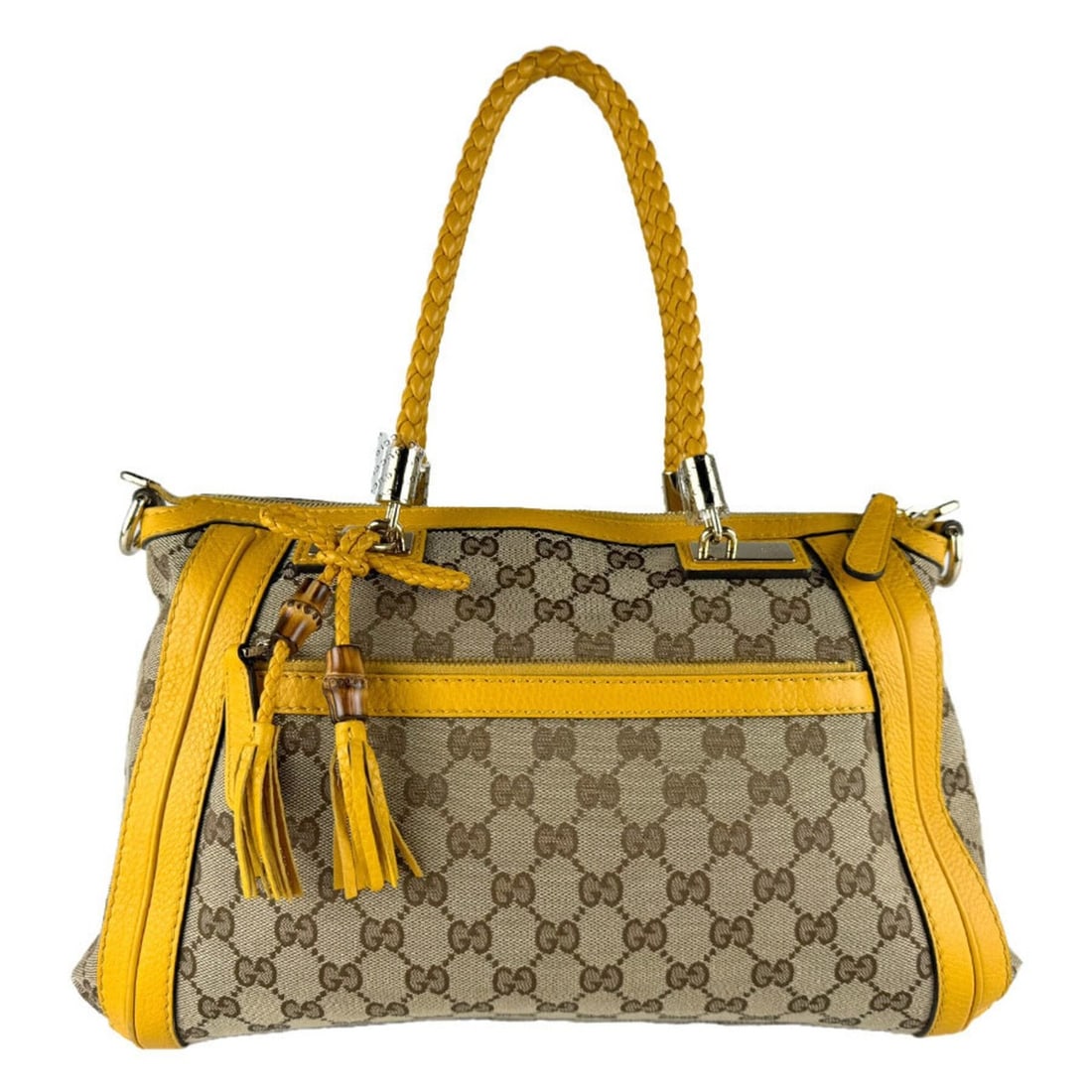 Gucci Bella GG Canvas Leather Handbag/Shoulder Bag, Yellow x Brown, Women's, Item No. 282300 z9754: --- Catalog ---Category: SizeSize (HxWxD): 23cm x 31cm x 9cm / 9.05'' x 12.2'' x 3.54''Category: DesignType: Handbag, Shoulder bagColor: Brown, YellowGender: WomenMaterial: GG canvas , Leather Categor
