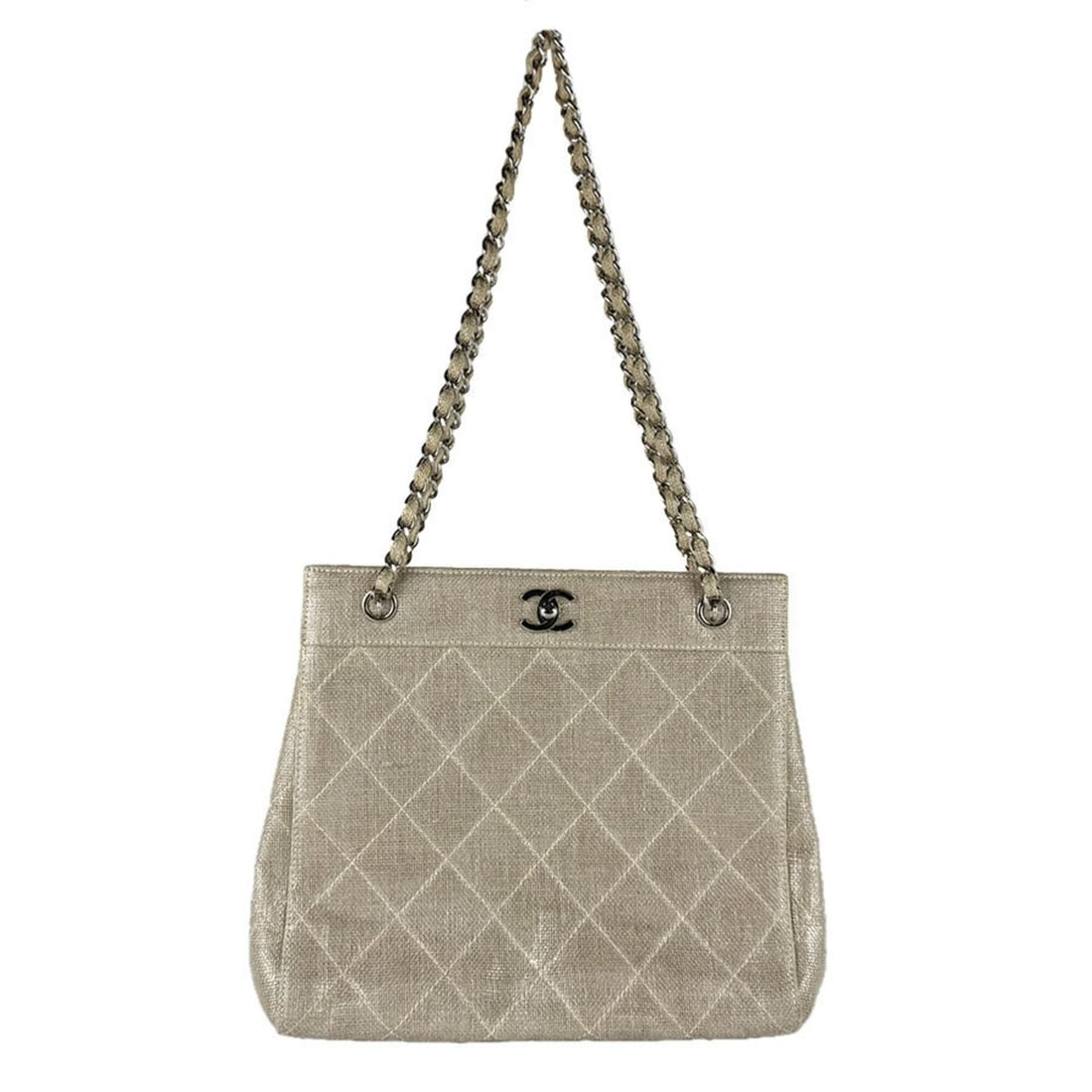 Chanel CHANEL Shoulder Bag, Coated Canvas, Metal, Beige, Silver, Women's z9718: --- Catalog ---Category: SizeSize (HxWxD): 24cm x 25cm x 10cm / 9.44'' x 9.84'' x 3.93''Category: DesignType: Shoulder bagColor: BeigeGender: WomenMaterial: Coated canvas Category: GeneralBrand: Chane