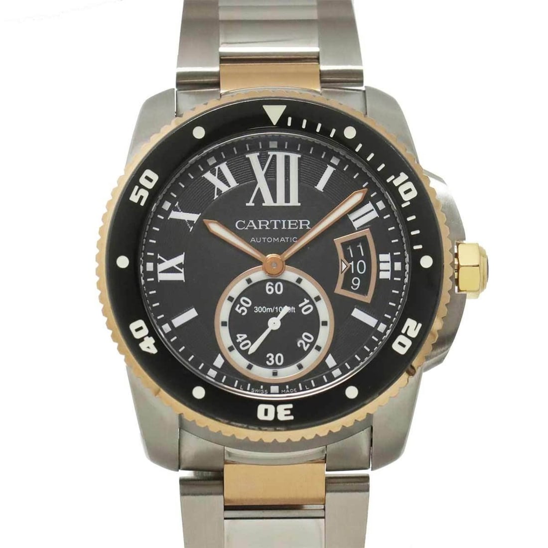 Cartier Calibre de Diver W7100054 Men's Watch, Date, Black, 18K Pink Gold, Automatic Movement.: --- Catalog ---Category: SizeWrist Size: 16cm / 6.29''Case Diameter: 43mm / 1.69''Category: DesignType: WristwatchGender: MenColor (Dial): BlackMaterial (Band): Pink gold (18K), Stainless steelMateria