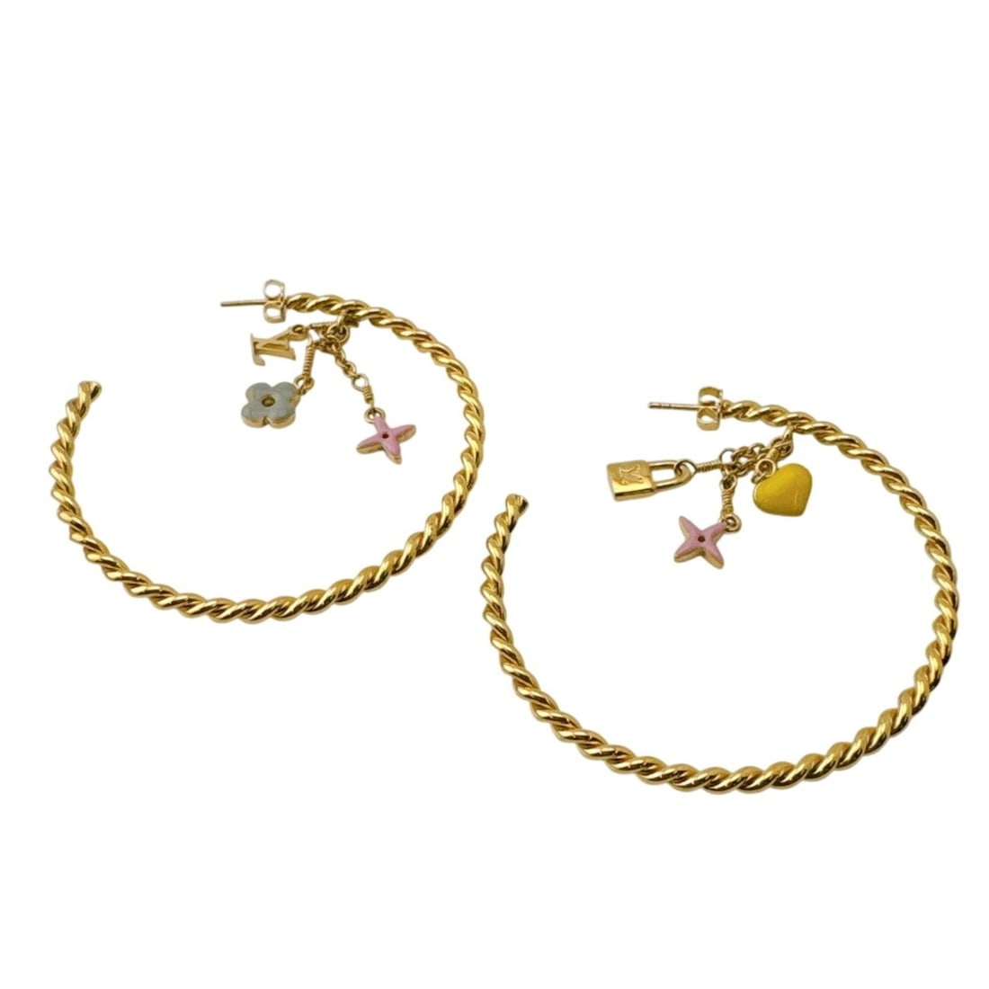 LOUIS VUITTON M65481 Creole Sweet Monogram Hoop Earrings (Pair) Pink Heart Flower Padlock Jewelry: --- Catalog ---Category: DesignType: Stud earringsColor: GoldGender: WomenMaterial: Gold platingCategory: GeneralBrand: Louis Vuitton--- Item List ---Section: ConditionRanking: Rank A Used - A few tra