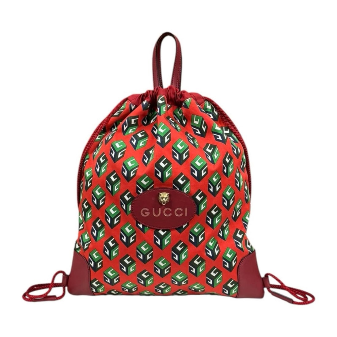 Gucci Cube Print Drawstring Bag Backpack/Daypack Canvas 473872 Women's GUCCI: --- Catalog ---Category: SizeSize (HxWxD): 42cm x 37cm x 1cm / 16.53'' x 14.56'' x 0.39''Category: DesignColor: Green, Red colorGender: WomenMaterial: Canvas , Leather Category: GeneralMPN: 473872Bran