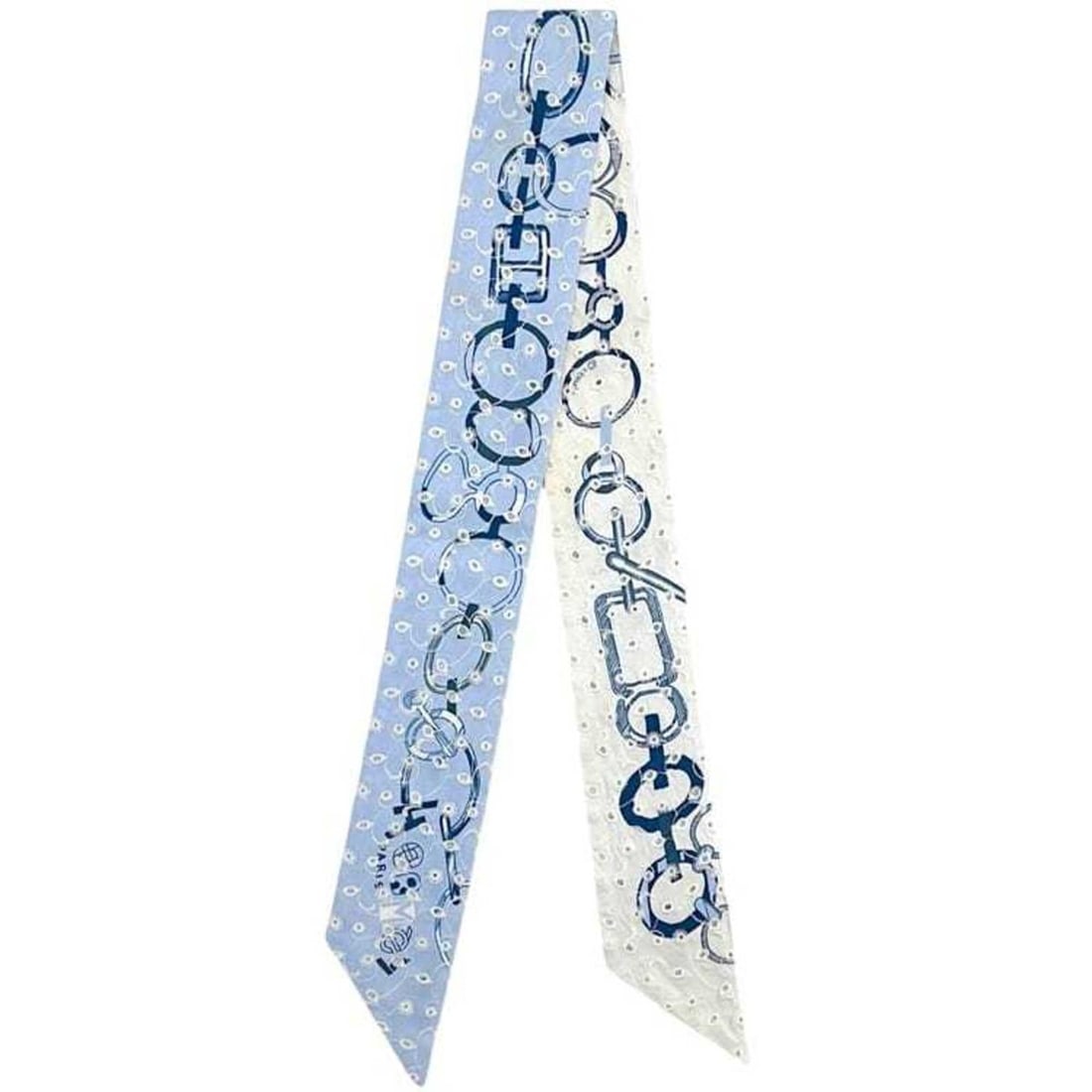 Hermes Ribbon Scarf Muffler Twilly Blue White Light Dore Boucles Broderie Anglaise H853951S 100%: --- Catalog ---Category: SizeSize (LxW): 83cm x 5cm / 32.67'' x 1.96''Category: DesignType: ScarfColor: Blue, Light blue, WhiteGender: WomenMaterial: Silk 100%Category: GeneralLine: TwillyBrand: Herme