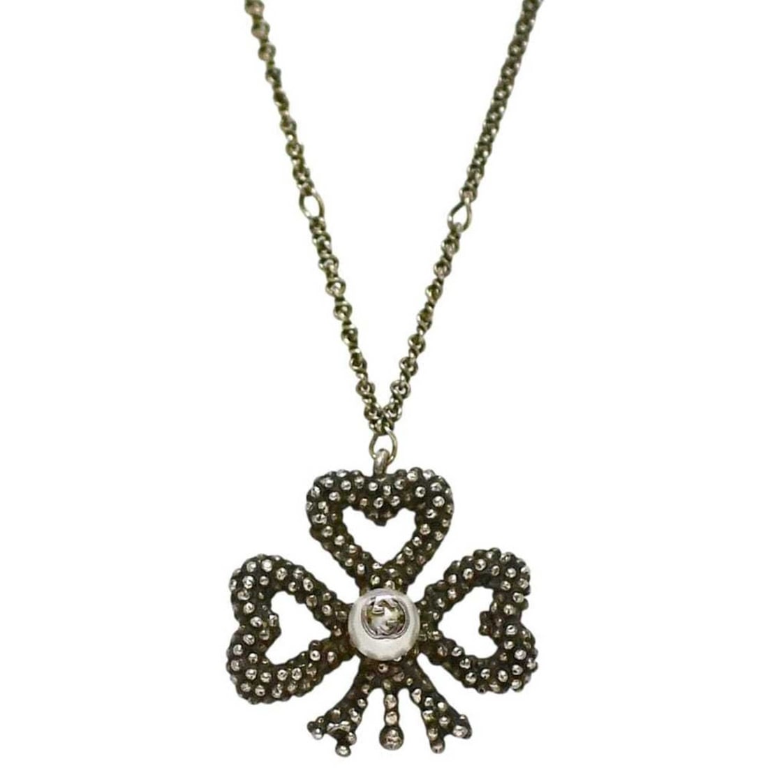 Gucci Necklace, Silver, Interlocking Clover Design, Ag 925, Faux Pearl: --- Catalog ---Category: SizeWeight: 5.8g / 0.2oz.Pendant Size: 19.5mm x 22.6mm / 0.76'' x 0.88''Neck Circumference: 39 cm - 44.5 cm / 15.35'' - 17.51''Category: DesignColor: SilverGender:
