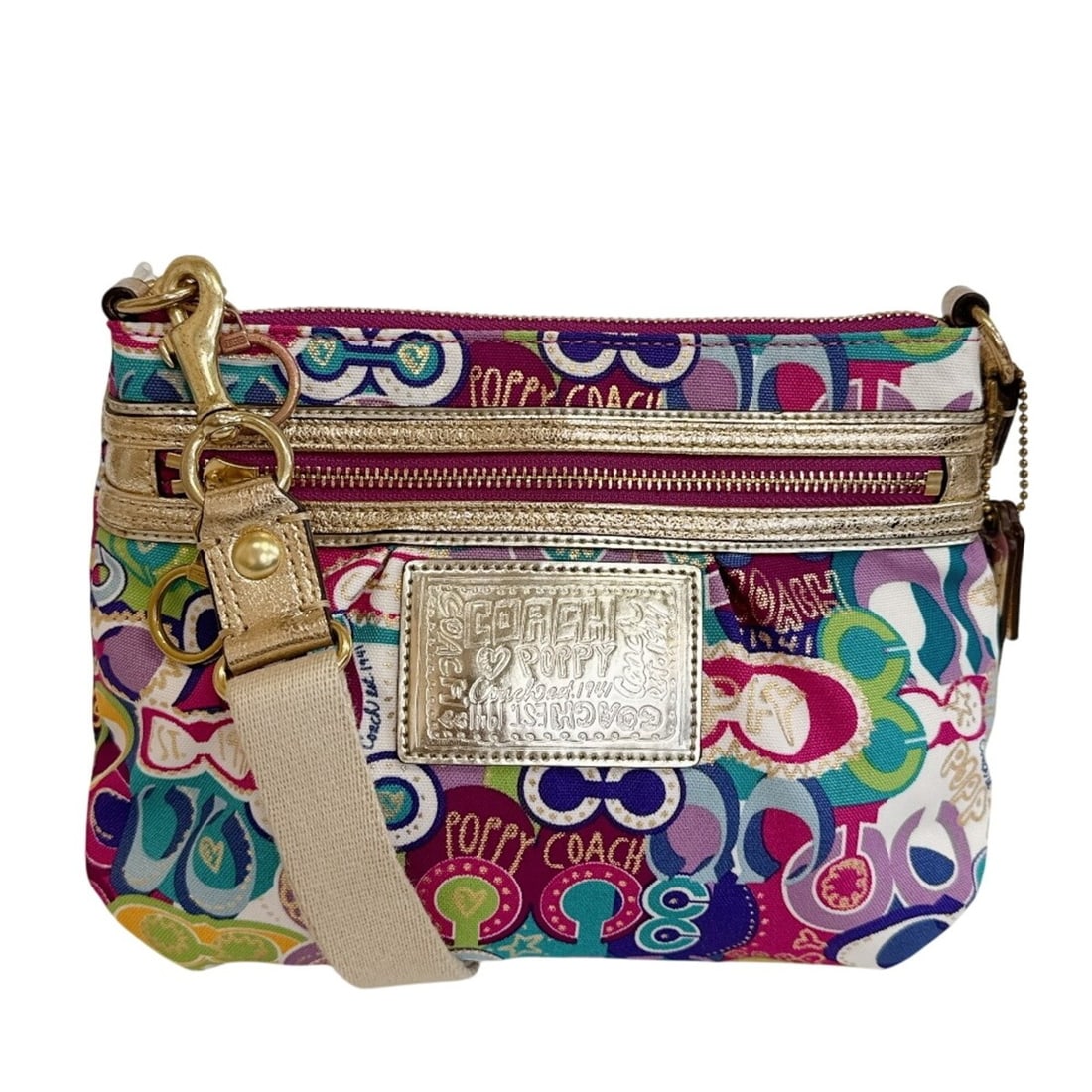 COACH Poppy Signature All-Over Print Pochette S75 Op Art Graffiti Crossbody Compact Mini Bag Zipper: --- Catalog ---Category: SizeSize (HxWxD): 18.5cm x 25cm x 6cm / 7.28'' x 9.84'' x 2.36''Category: DesignType: Pochette, Pouch, Shoulder bagColor: Multi-colorGender: WomenMaterial: Canvas Category: Ge
