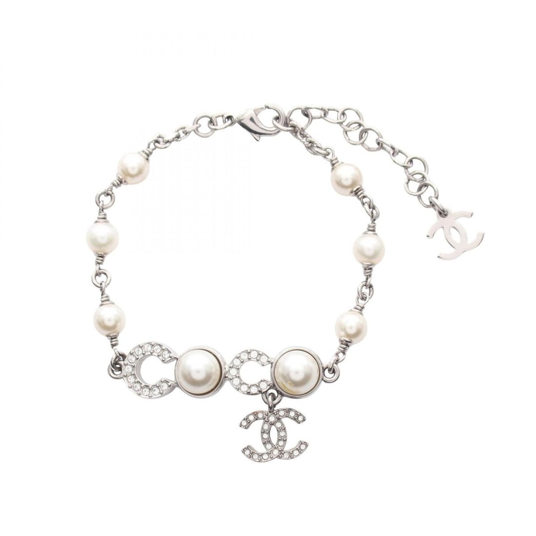 Chanel Coco Mark Bracelet, Stainless Steel, Faux Pearl, Rhinestone, Women's, Silver, White, Clear: --- Catalog ---Category: SizeLength: 15cm - 19cm / 5.9'' - 7.48''Category: DesignType: Charm braceletColor: Clear, Silver, WhiteGender: WomenMaterial: Artificial pearl, Rhinestone, Stainless