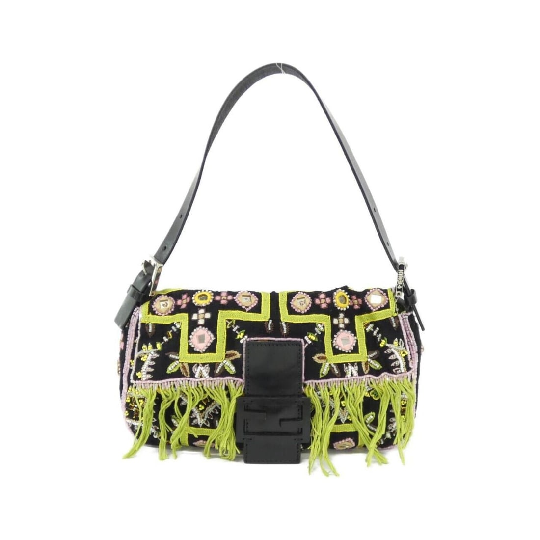 Fendi Baguette 26424 Shoulder Bag: --- Catalog ---Category: SizeSize (HxWxD): 15cm x 25cm x 4cm / 5.9'' x 9.84'' x 1.57''Category: DesignType: Shoulder bagColor: Black, Green, PinkGender: WomenMaterial: Canvas , Beads Hardware Color: S
