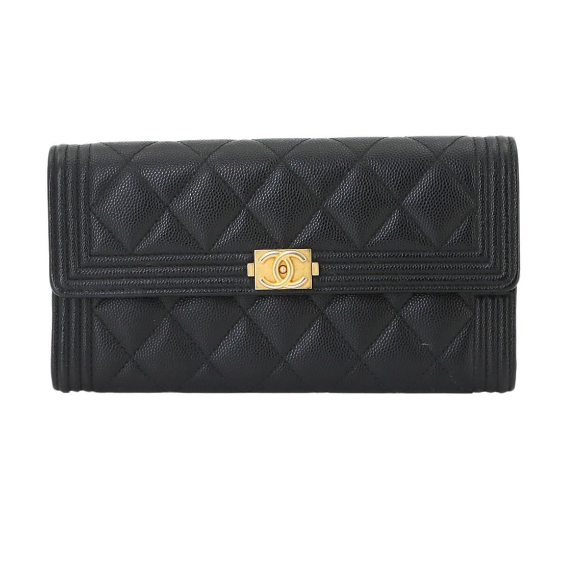 Chanel Boy Matelassé Bi-fold Long Wallet, Caviar Leather, Black, A80286, Gold Hardware: --- Catalog ---Category: SizeSize (HxWxD): 10.5cm x 19.5cm x 2cm / 4.13'' x 7.67'' x 0.78''Category: DesignType: Long wallet (bi-fold)Color: BlackGender: WomenMaterial: Grained Calfskin Category: Gene