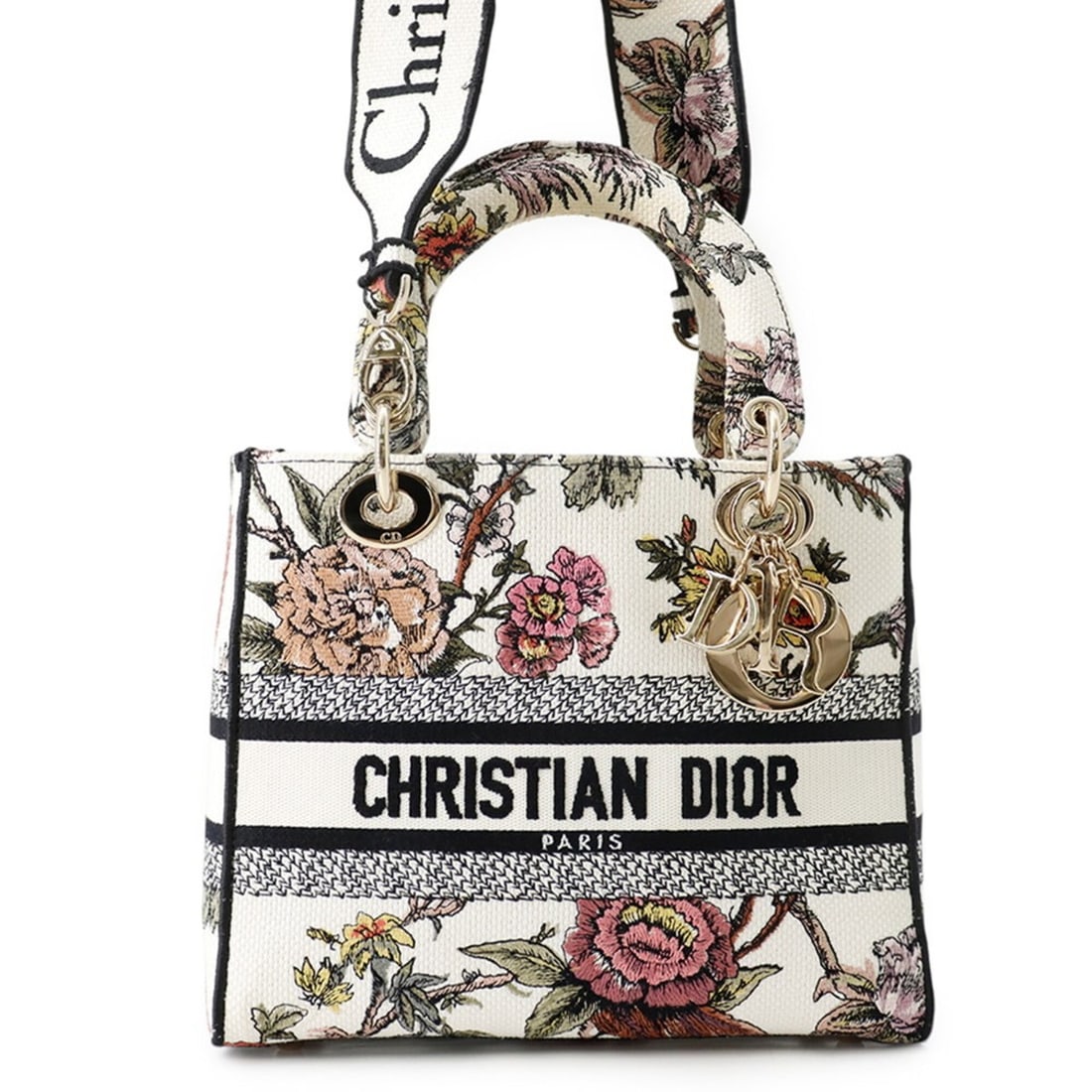 Christian Dior handbag, Lady D-Lite, medium size, 2-way, white.: --- Catalog ---Category: SizeSize (HxWxD): 20cm x 24cm x 12cm / 7.87'' x 9.44'' x 4.72''Category: DesignType: HandbagColor: Multi-color, WhiteGender: WomenMaterial: Canvas Category: GeneralBrand: Chri