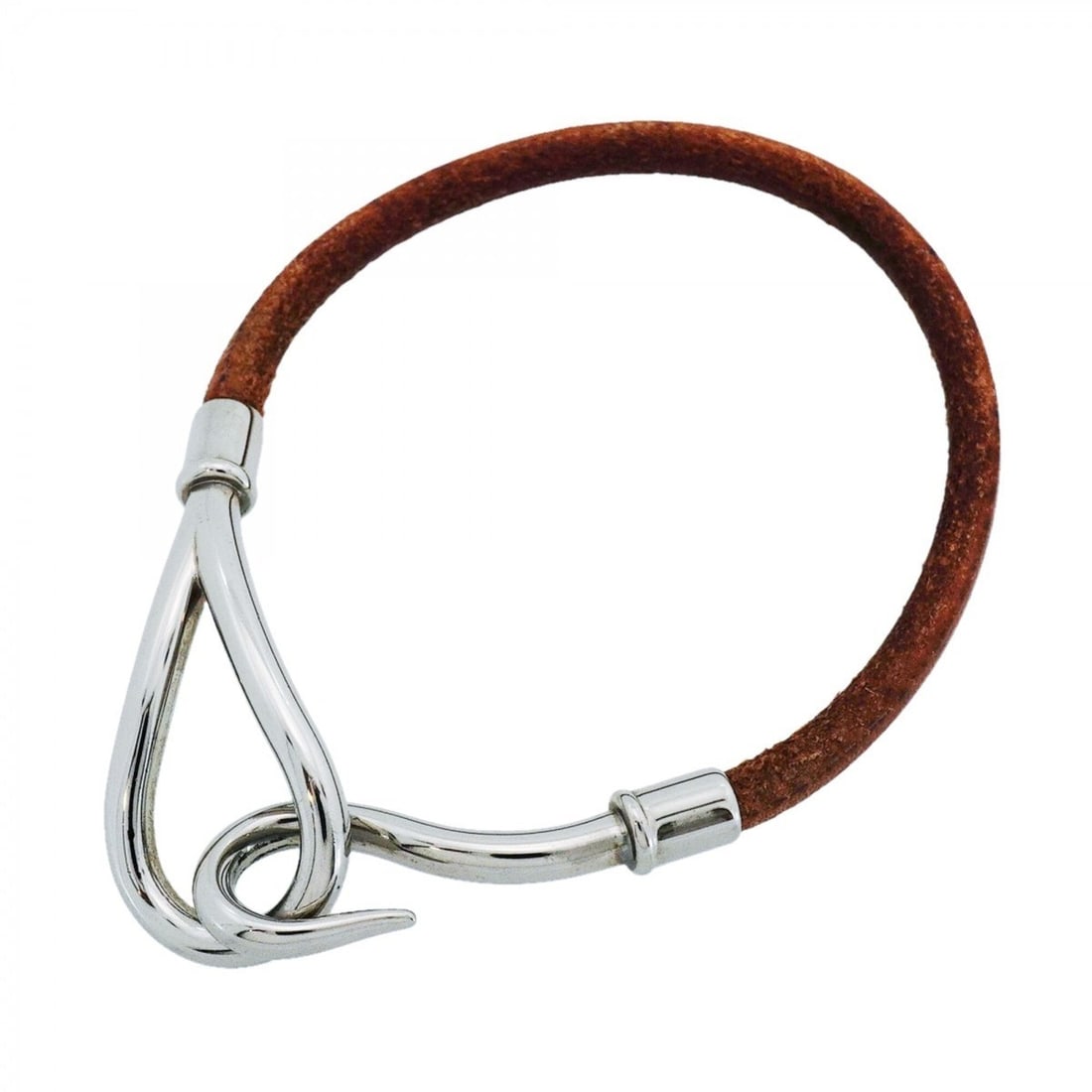Hermes Jumbo Hook Bracelet, Metal and Leather, Silver Brown, Women's (1 of 11)