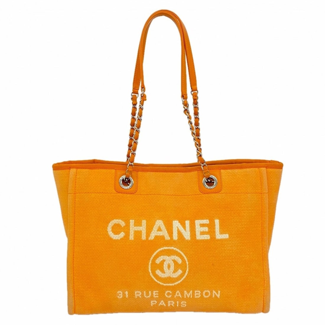 Chanel Deauville Chain Tote Bag, Canvas, Orange, Women's, P2960665: --- Catalog ---Category: SizeSize (HxWxD): 27cm x 34.5cm x 14.5cm / 10.62'' x 13.58'' x 5.7''Category: DesignType: Tote bagColor: OrangeGender: WomenMaterial: Canvas Hardware Color: SilverCategory: Ge