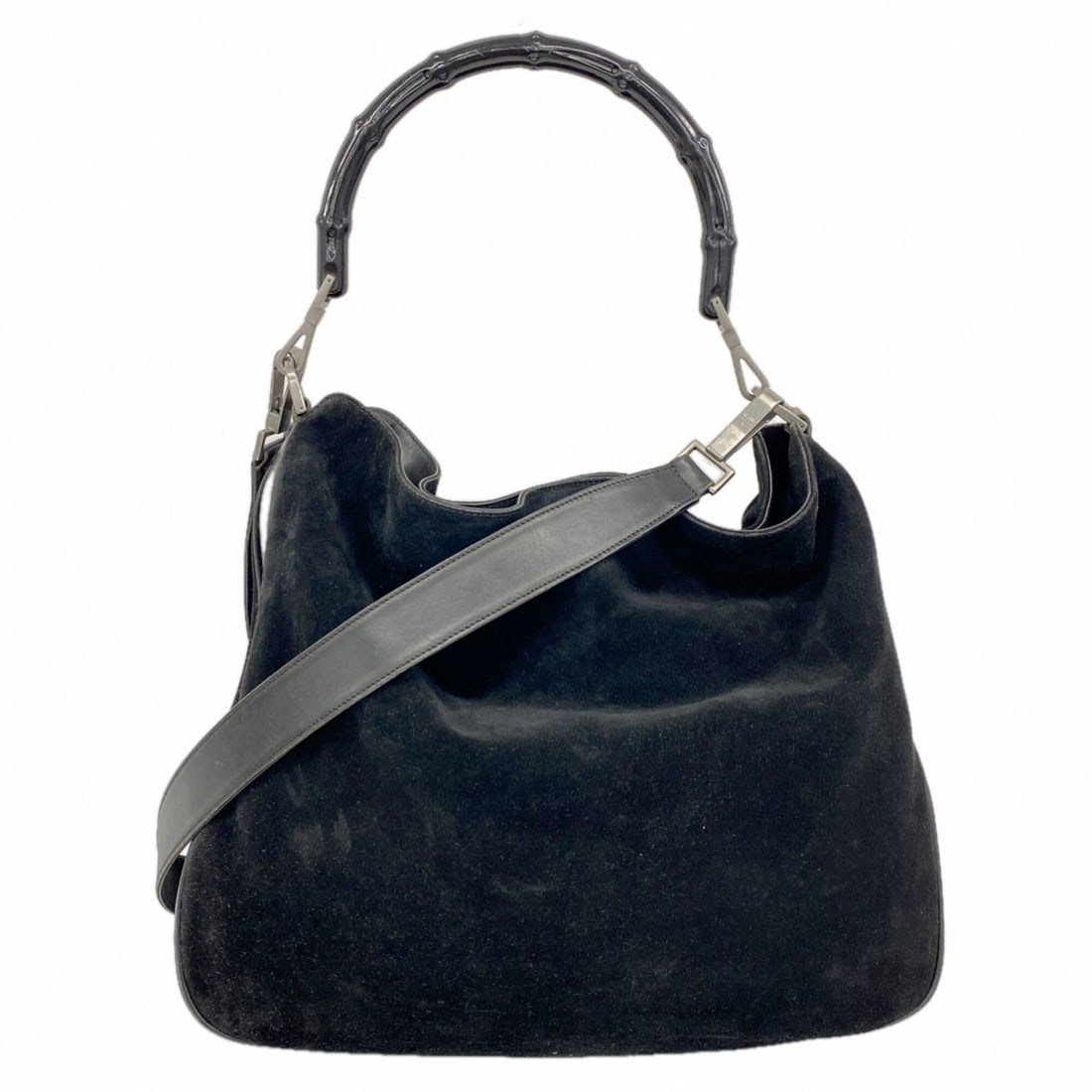 Gucci Bamboo Handbag 001 1577 Suede Black 2-way Bag for Women: --- Catalog ---Category: SizeSize (HxWxD): 33cm x 38cm x 10cm / 12.99'' x 14.96'' x 3.93''Category: DesignType: HandbagColor: BlackGender: WomenMaterial: Suede Hardware Color: SilverCategory: GeneralM