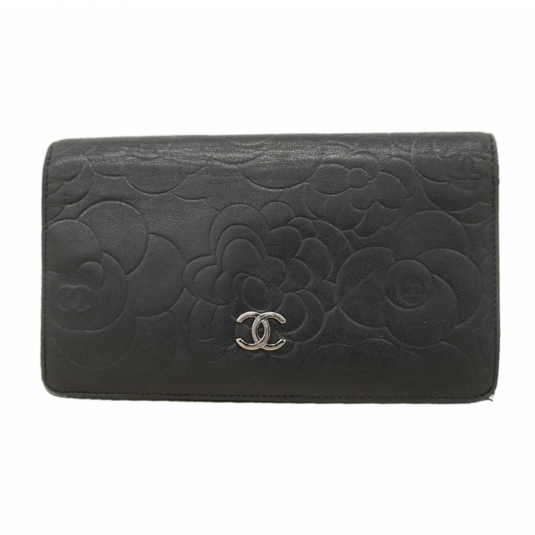 Chanel long wallet, Camellia design, lambskin, black, women's.: --- Catalog ---Category: SizeSize (HxWxD): 10.5cm x 18cm x 1.5cm / 4.13'' x 7.08'' x 0.59''Category: DesignType: Long wallet (bi-fold)Color: BlackGender: WomenMaterial: Leather Leather/Fur Type: Lambs