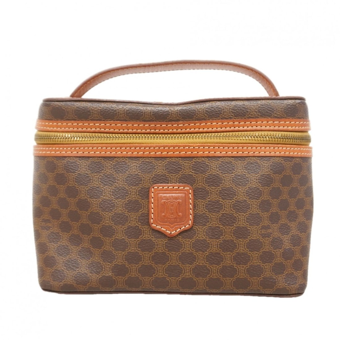 Celine handbag/vanity bag, Macadam pattern, brown, for women.: --- Catalog ---Category: SizeSize (HxWxD): 14cm x 21cm x 7cm / 5.51'' x 8.26'' x 2.75''Category: DesignType: Vanity bagColor: BrownGender: WomenMaterial: PVC Hardware Color: GoldCategory: GeneralBrand