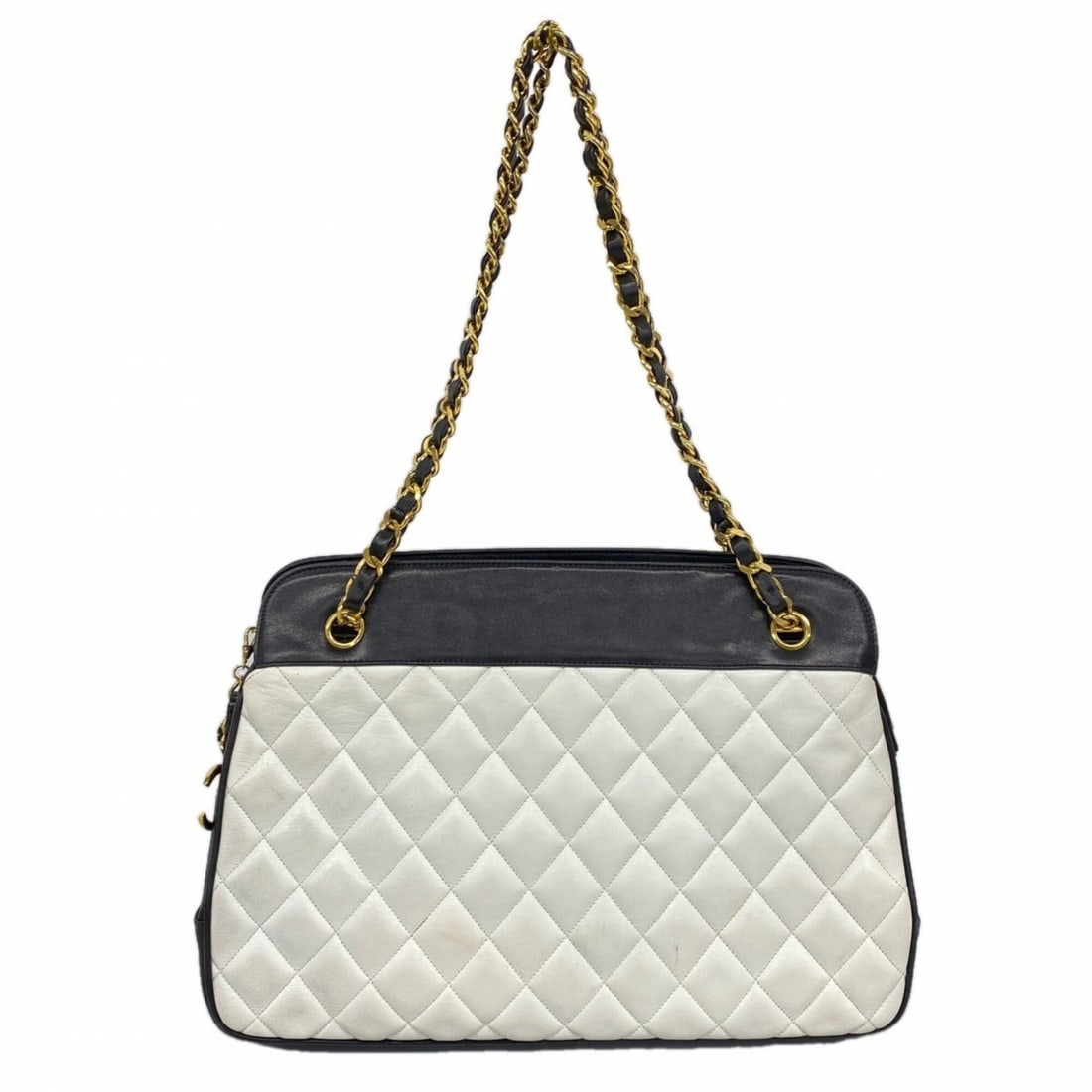 Chanel Matelassé Chain Shoulder Bag, Lambskin, White/Black, Women's (1 of 15)