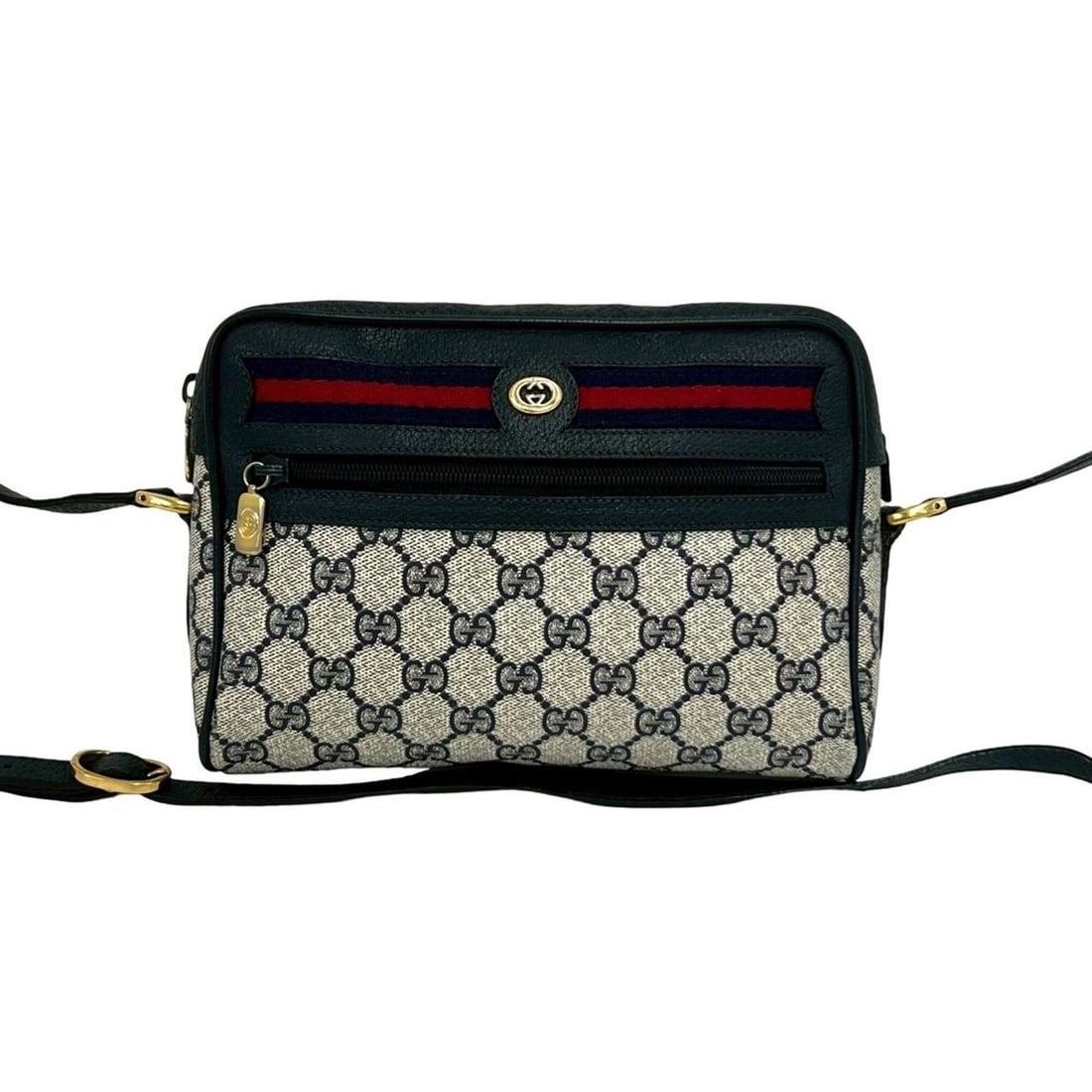 GUCCI (Old Gucci) Sherry Line GG Logo Hardware Leather Shoulder Bag Pouch Sacoche Navy 41499: --- Catalog ---Category: SizeSize (HxWxD): 16cm x 22cm x 7cm / 6.29'' x 8.66'' x 2.75''Category: DesignType: Pochette, Shoulder bagColor: Navy, Red colorGender: WomenMaterial: Leather , PVC Category: 