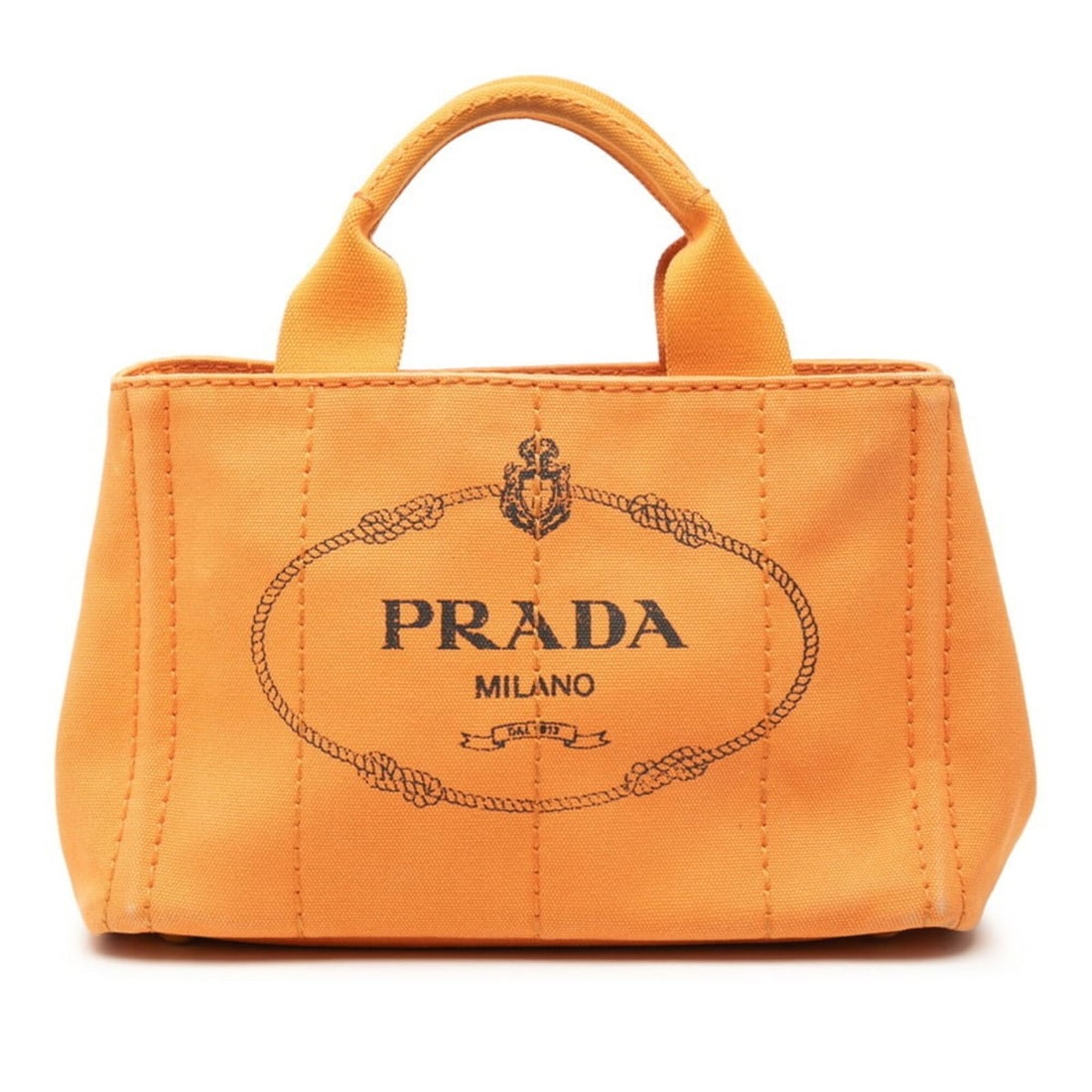 Prada Triangle Logo Plate Canapa Mini Handbag Orange Canvas Women's PRADA: --- Catalog ---Category: SizeSize (HxWxD): 19cm x 28cm x 15cm / 7.48'' x 11.02'' x 5.9''Category: DesignType: HandbagColor: OrangeGender: WomenMaterial: Canvas Category: GeneralBrand: Prada--- Item Li