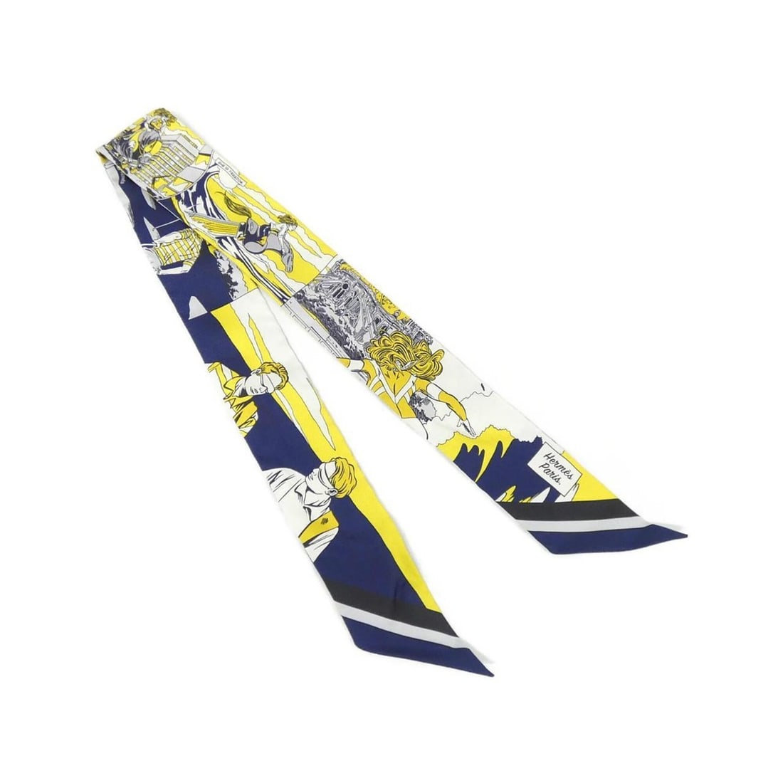 Hermes WOW Twilly 063463S Scarf Muffler: --- Catalog ---Category: SizeSize (LxW): 5cm x 86cm / 1.96'' x 33.85''Category: DesignType: ScarfColor: Navy, White, YellowGender: WomenMaterial: Silk Category: GeneralMPN: 063463SBrand: Hermes---