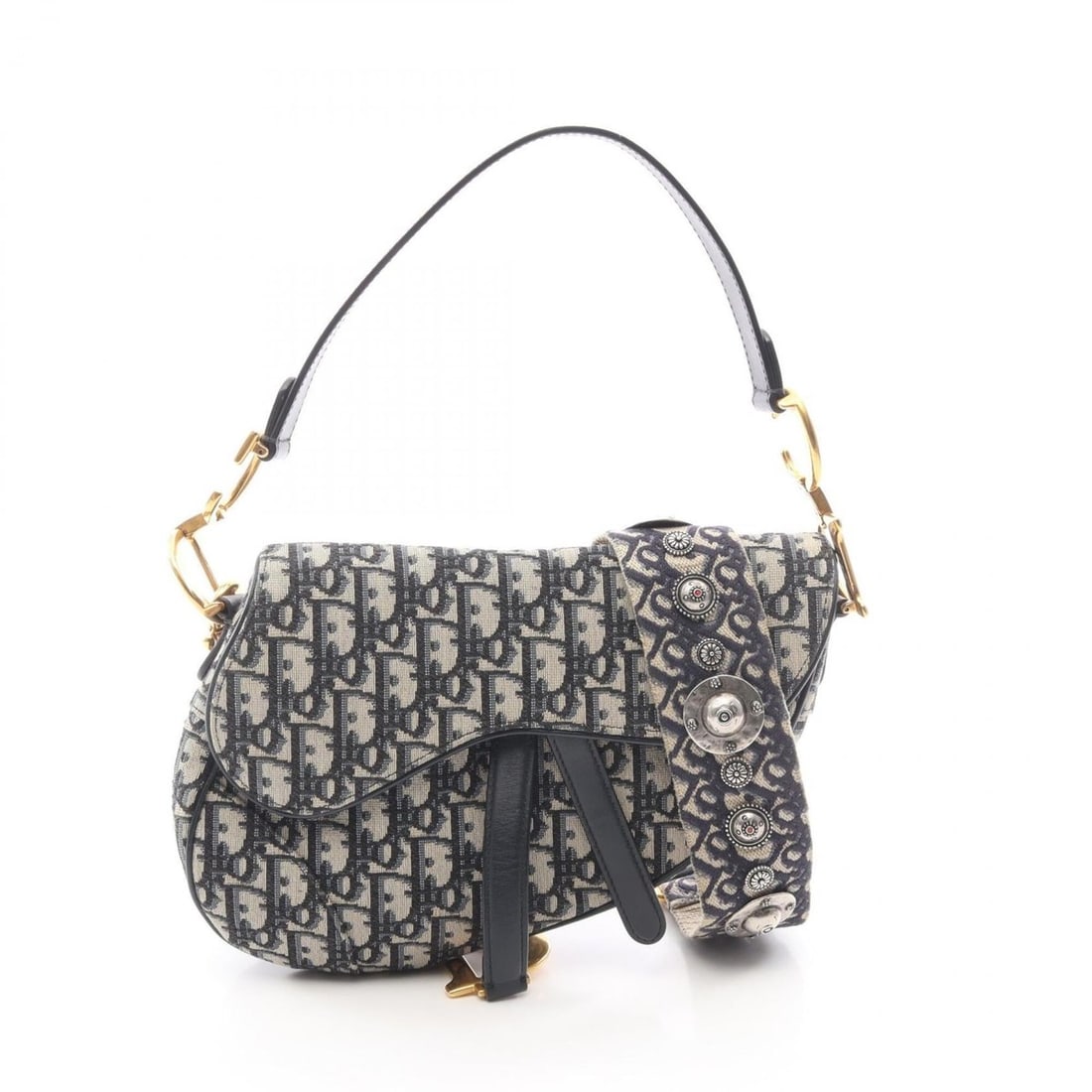 Christian Dior Dior Saddle Bag Oblique 2-Way Handbag, Canvas Leather, Women's, White/Navy (1 of 11)