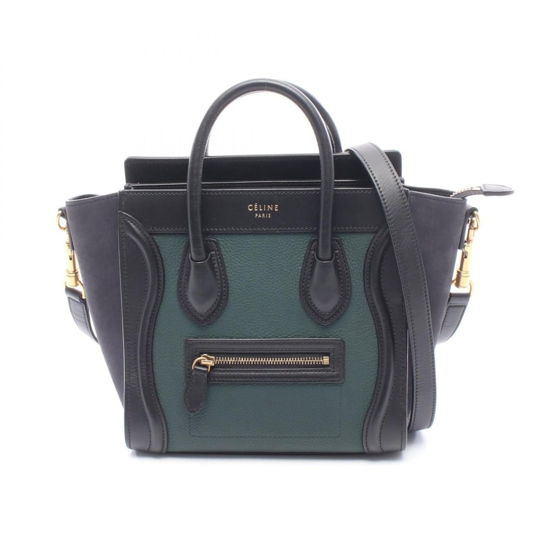 Celine Luggage Nano Shopper 2-Way Handbag, Leather, Women's, Black/Green, 168243 (1 of 15)
