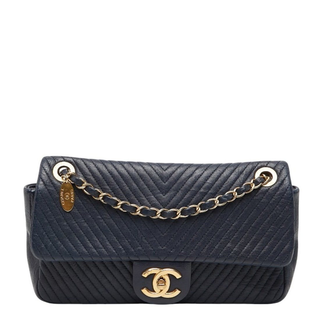 Chanel Coco Mark Chevron V-stitch Chain Shoulder Bag, Navy Leather, Women's CHANEL: --- Catalog ---Category: SizeSize (HxWxD): 14cm x 25cm x 6cm / 5.51'' x 9.84'' x 2.36''Category: DesignType: Shoulder bagColor: NavyGender: WomenMaterial: Leather Category: GeneralBrand: Chanel---