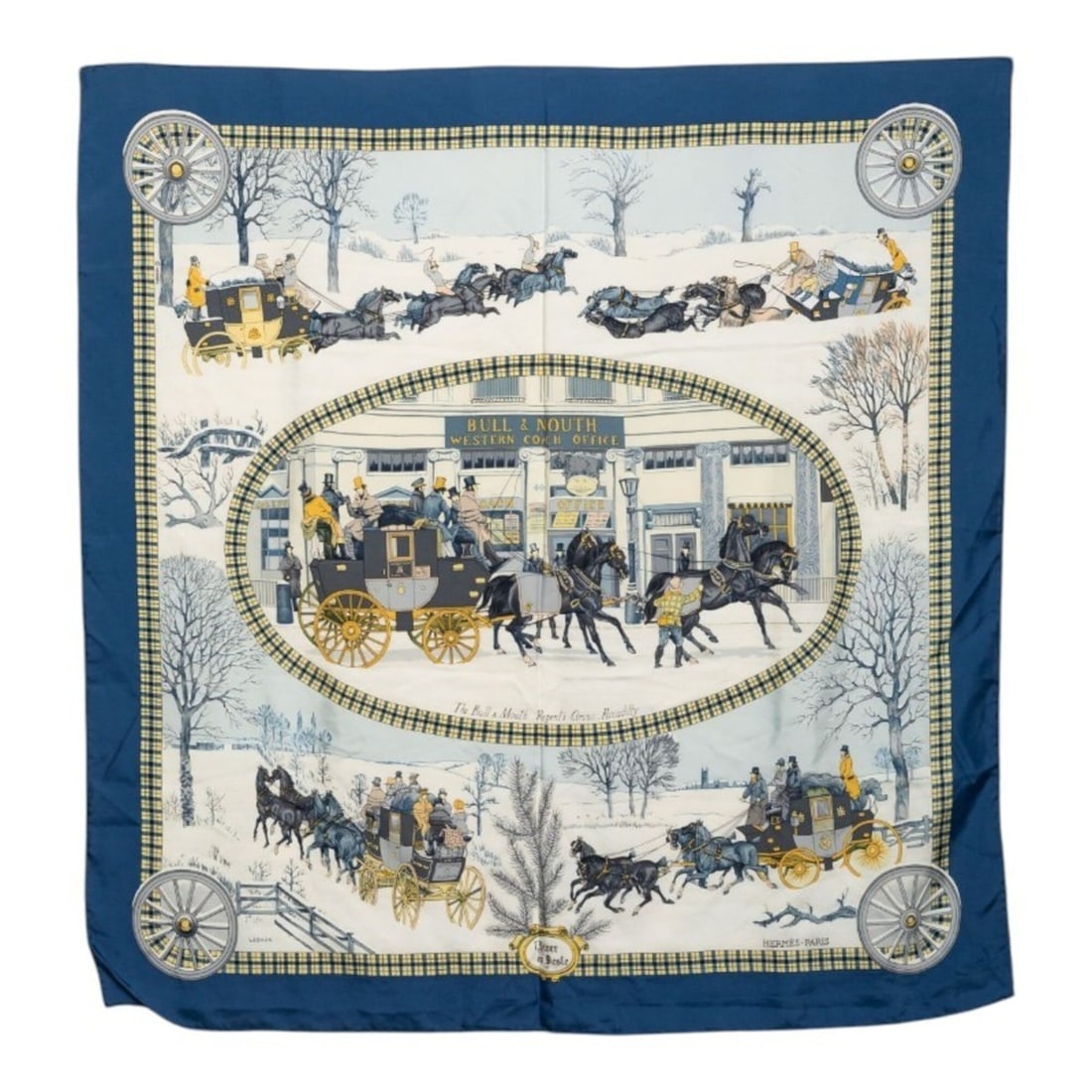 Hermes Carre 90 L’Hiver en Poste (Winter Post Carriage) Scarf/Muffler, Large Size, Blue Multicolor: --- Catalog ---Category: SizeSize (LxW): 89cm x 87cm / 35.03'' x 34.25''Category: DesignType: ScarfColor: Blue, Multi-colorGender: WomenMaterial: Silk Category: GeneralBrand: Hermes--- Item List