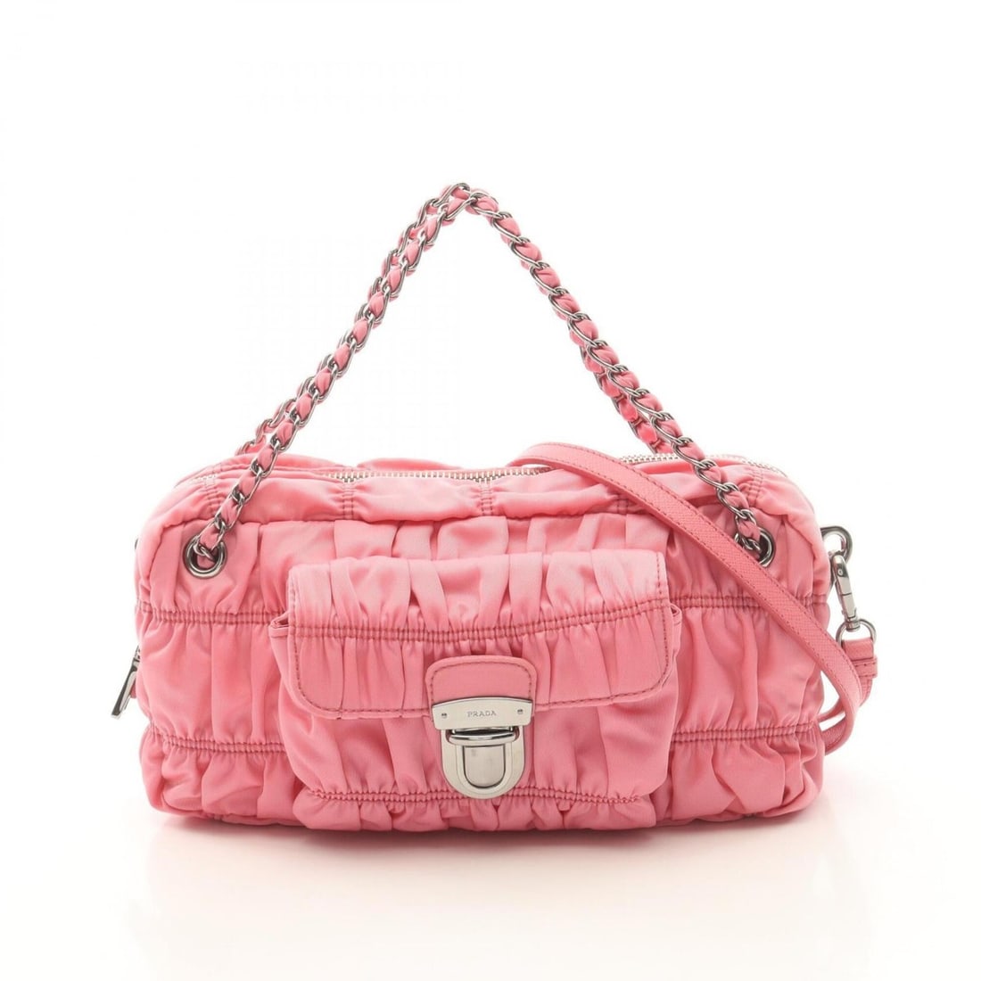 Prada Gaufre 2-Way Handbag, Nylon & Saffiano Leather, Women's, Pink: --- Catalog ---Category: SizeSize (HxWxD): 13cm x 24cm x 7cm / 5.11'' x 9.44'' x 2.75''Category: DesignType: HandbagColor: PinkGender: WomenMaterial: Nylon , Saffiano triangle Category: GeneralBrand: