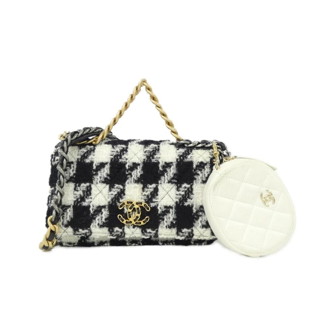 Chanel 19 line AP0985 wallet chain: --- Catalog ---Category: SizeSize (HxWxD): 12cm x 19.5cm x 4cm / 4.72'' x 7.67'' x 1.57''Category: DesignType: Chain/Shoulder walletColor: Black, WhiteGender: WomenMaterial: Wool , Tweed Category: