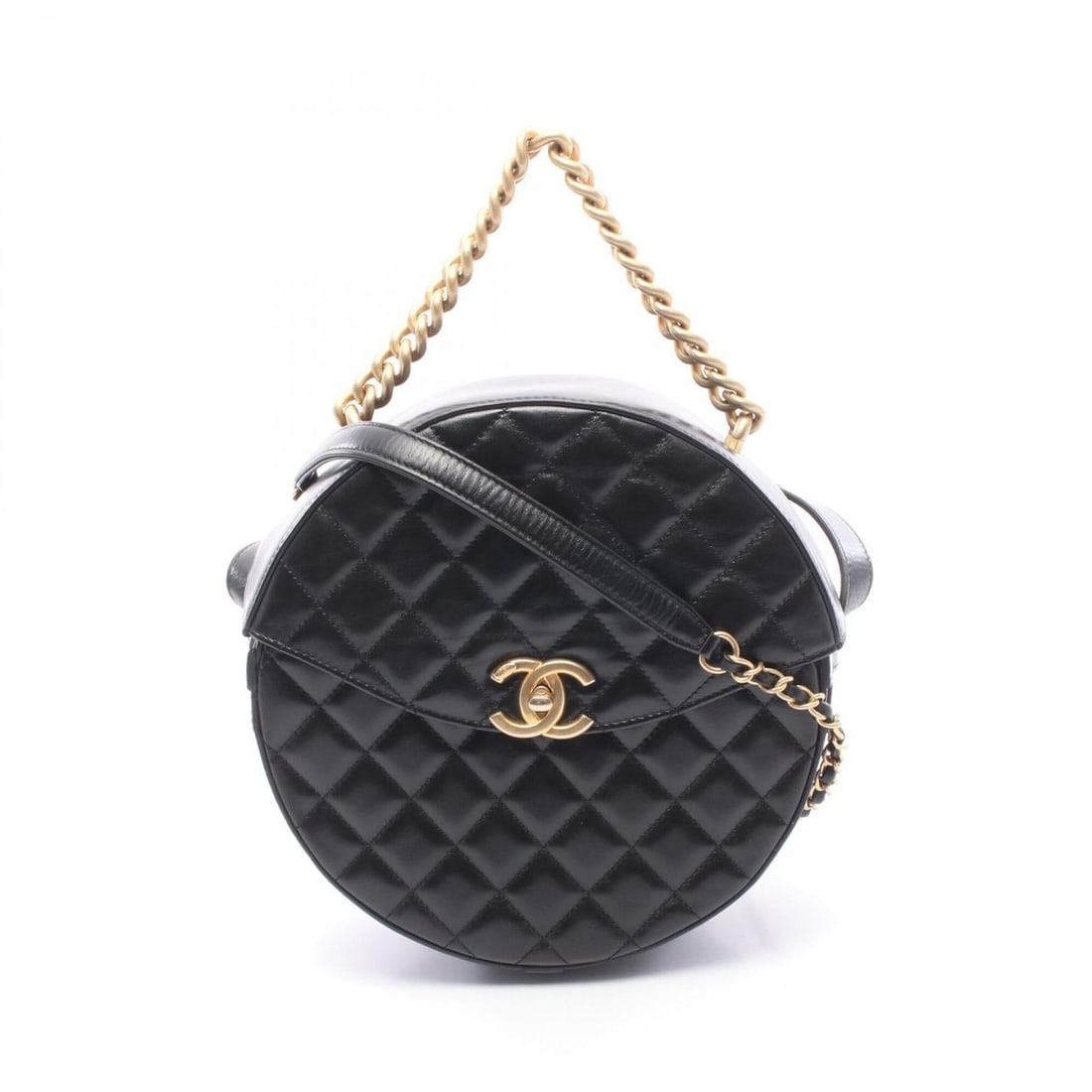 Chanel Matelassé Round Chain Shoulder Handbag, Leather, Women's, Black: --- Catalog ---Category: SizeSize (HxWxD): 22cm x 22cm x 7.5cm / 8.66'' x 8.66'' x 2.95''Category: DesignType: HandbagColor: BlackGender: WomenMaterial: Leather Hardware Color: GoldCategory: GeneralBr